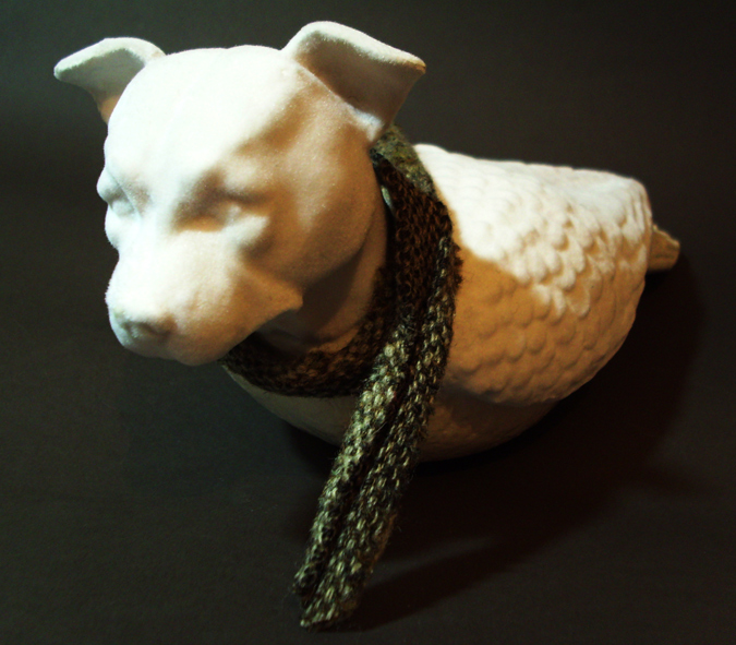 'Homeless pigeon' Slip-cast earthenware, transparent glaze, flock and found fabric from the street Manchester souvenirs 2