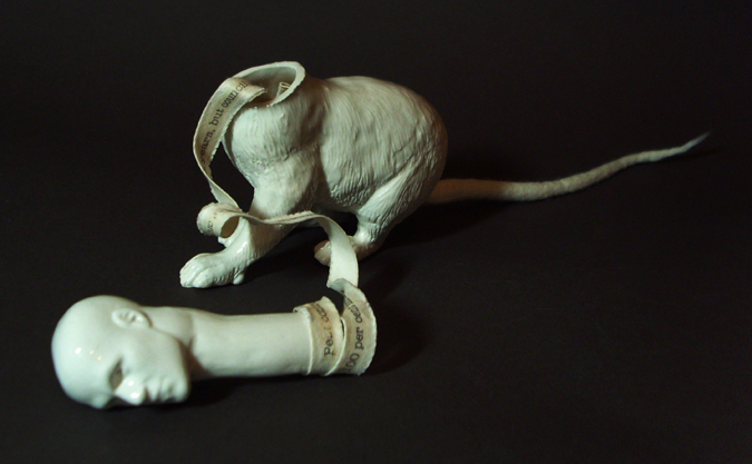 'Rat Man' Slip-cast earthenware, transparent glaze, textile detail Manchester souvenirs 3