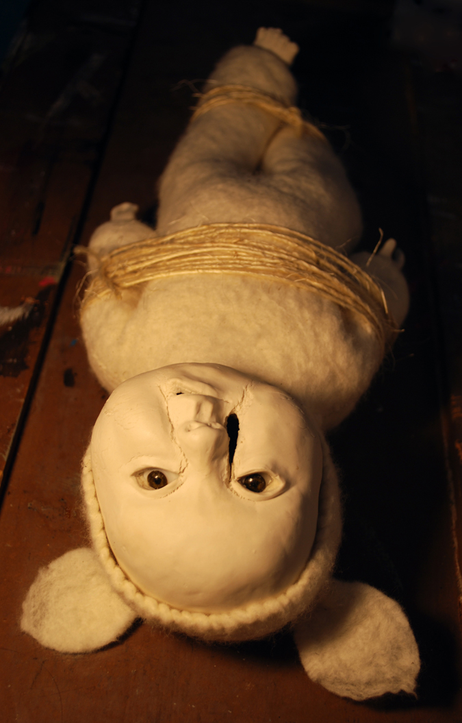 Sarah - Porcelain, glass eyes, hand made felt, string Sarah - Porcelain, glass eyes, hand made felt, string