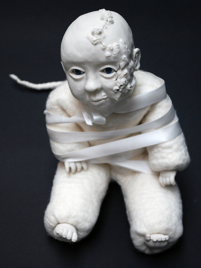 'Jane' Porcelain, glass eyes, hand made felt, ribbon